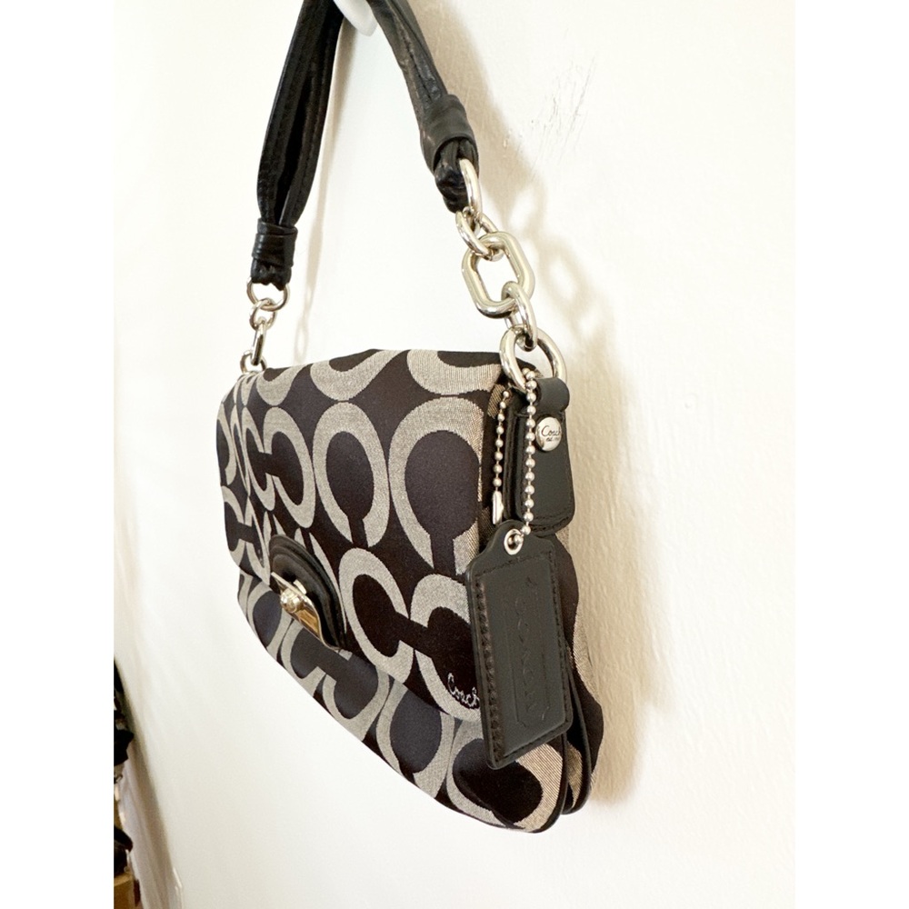 Coach Black/Gray Kristin Op Art Signature Flap Sateen Leather Shoulder Bag - Picture 13 of 14